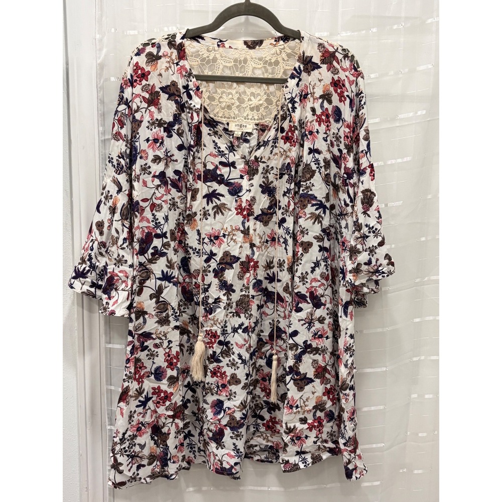 Umgee Floral Crochet Lace Yoke Tunic Top Bell Sleeve Boho Cream Burgundy Large